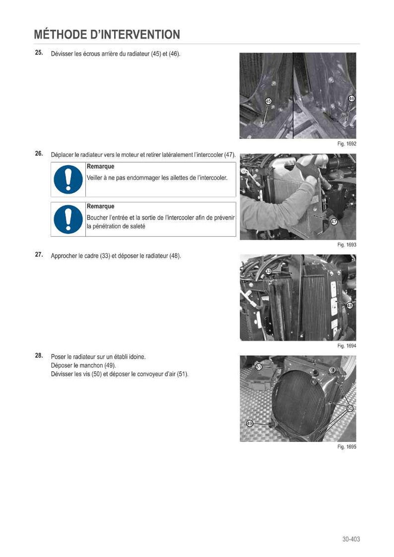 May include: A manual page titled "M&Eacute;THODE D'INTERVENTION" detailing automotive repair steps. Images illustrate the removal of a radiator and intercooler, with close-up diagrams of the components and numbered instructions.
