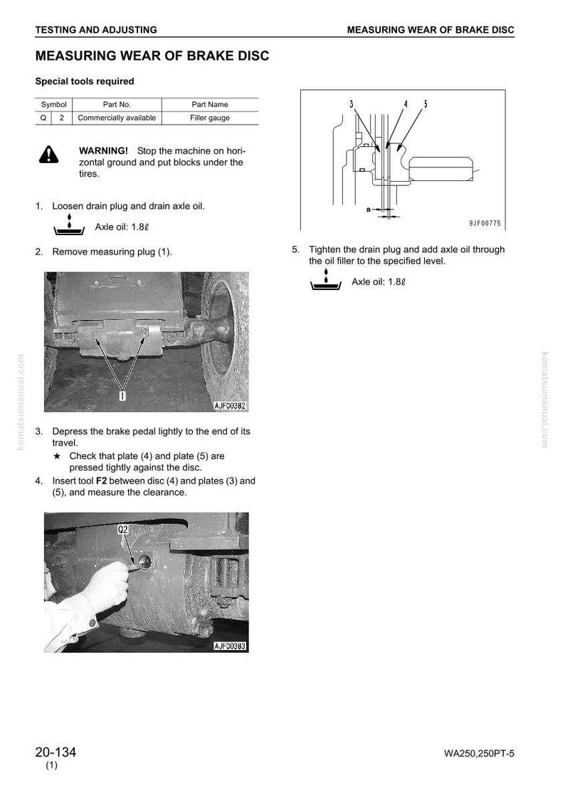 May include: A page from a manual detailing the process of measuring brake disc wear. The image includes diagrams, text instructions, and close-up photos of the process. The text includes warnings and specific steps for the procedure.