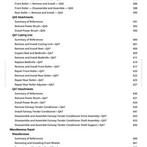 May include: A white page with a detailed table of contents, listing various maintenance and repair procedures for machinery. The text includes terms like "Remove," "Install," and "Inspect," with associated page numbers.