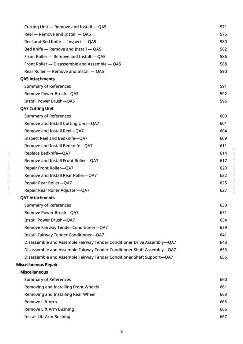 May include: A white page with a detailed table of contents, listing various maintenance and repair procedures for machinery. The text includes terms like "Remove," "Install," and "Inspect," with associated page numbers.