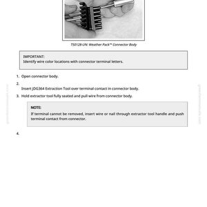 Pu&ograve; includere: Un'immagine in bianco e nero che mostra le istruzioni per la sostituzione di un connettore Weather Pack. L'immagine include un primo piano del connettore e uno strumento di estrazione. Il testo sull'immagine recita "Replace Weather Pack Connector" e "Identificare le posizioni dei colori dei fili con le lettere dei terminali."