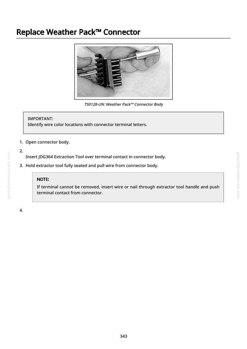 Pu&ograve; includere: Un'immagine in bianco e nero che mostra le istruzioni per la sostituzione di un connettore Weather Pack. L'immagine include un primo piano del connettore e uno strumento di estrazione. Il testo sull'immagine recita "Replace Weather Pack Connector" e "Identificare le posizioni dei colori dei fili con le lettere dei terminali."