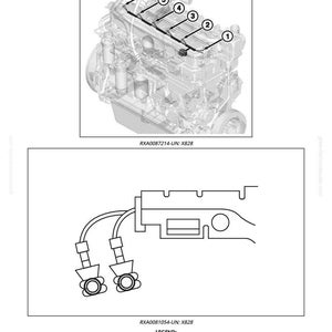 May include: Diagram of an engine with numbered components, including electronic injectors. The image also features a detailed schematic of injector components and a legend identifying each cylinder's injector. Text: RXA0087214-UN: X828 and RXA0081054-UN: X828.