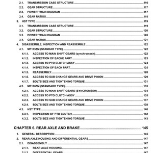 May include: A service manual for MF1750M/1755M/1765M models. The table of contents lists topics such as power train diagrams, gear ratios, transmission case structure, and rear axle and brake components. The manual is printed on white paper.