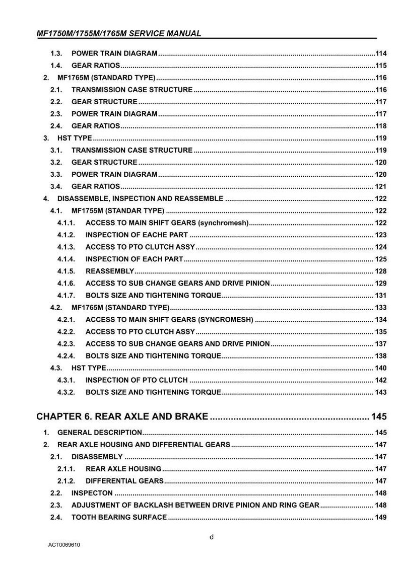 May include: A service manual for MF1750M/1755M/1765M models. The table of contents lists topics such as power train diagrams, gear ratios, transmission case structure, and rear axle and brake components. The manual is printed on white paper.