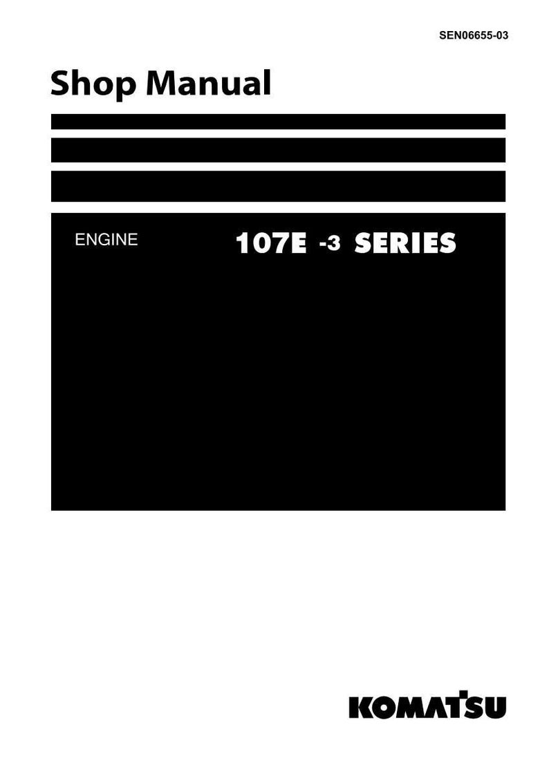 Może przedstawiać: Biało-czarna instrukcja warsztatowa z napisem "Shop Manual" u g&oacute;ry. Tekst "ENGINE" znajduje się pod poziomymi czarnymi liniami. Tekst "107E -3 SERIES" jest biały. Logo Komatsu znajduje się na dole.