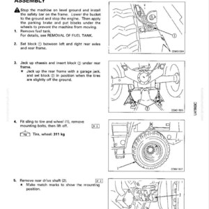 May include: Diagram illustrating the disassembly and assembly of a rear axle. Instructions include setting blocks, jacking up the chassis, and removing the tire and wheel, which weighs 685.6 lbs. The text also mentions removing the rear drive shaft.
