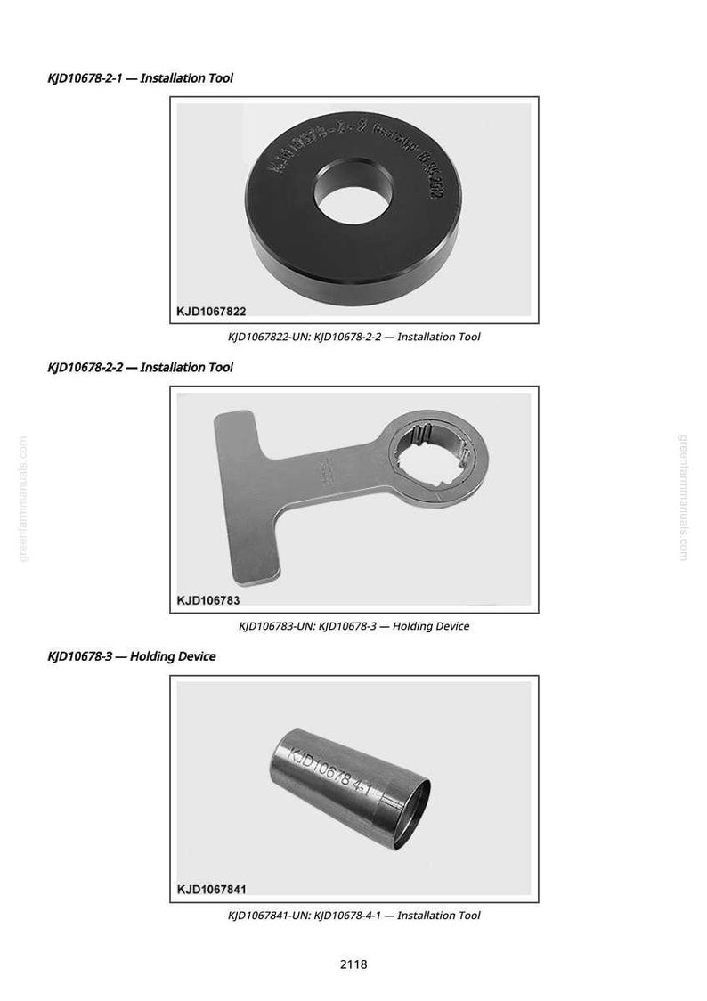 May include: A page showing three metal installation tools. The top tool is a black circular piece with a central hole and text. The middle tool is a silver T-shaped piece with a circular end. The bottom tool is a silver cylinder.