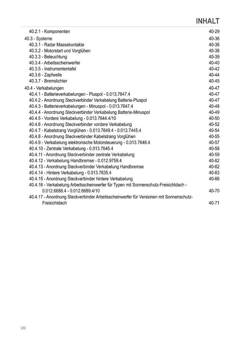 Peut inclure: Une table des mati&egrave;res d&eacute;taill&eacute;e en allemand, r&eacute;pertoriant divers composants et c&acirc;blages de syst&egrave;mes &eacute;lectriques automobiles, y compris les contacts radar, l'&eacute;clairage et les syst&egrave;mes de freinage. Les num&eacute;ros de page sont &agrave; droite.