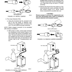 May include: Diagrams and instructions for fire control systems, including installing jumpers, removing jumper assemblies, and installing test module assemblies. Text includes warnings and cautions for safety.