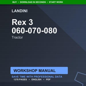K&ouml;nnte beinhalten: Digitales Werkstatthandbuch f&uuml;r einen Landini Rex 3 Traktor. Das Bild zeigt die Modellnummer des Traktors, 060-070-080, und den Text "Workshop Manual". Das Handbuch umfasst 1378 Seiten und ist in englischer Sprache.