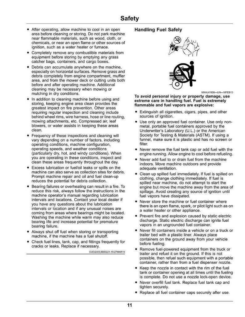 May include: A safety manual page with text and illustrations. The page details safety guidelines for handling fuel and operating machinery, including fire prevention and proper storage procedures.