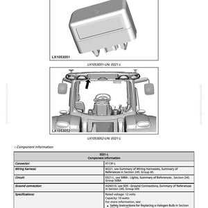 May include: Diagram of a license plate light component, labeled E021-L, with a detailed view of the light fixture and a tractor. Component information includes connector, wiring harness, circuit, ground connection, and specifications.