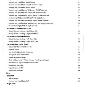 May include: A page from a manual with a table of contents. The headings include Electrical, Components, Harness Routing, Drives, and Auger Drive. Page numbers are listed to the right of each item. The text is in black font on a white background.