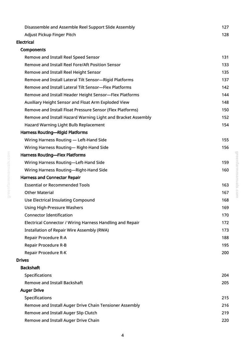 May include: A page from a manual with a table of contents. The headings include Electrical, Components, Harness Routing, Drives, and Auger Drive. Page numbers are listed to the right of each item. The text is in black font on a white background.