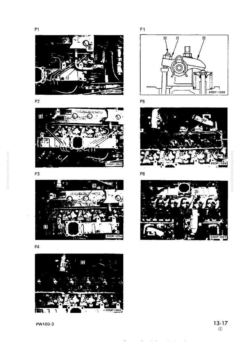 May include: A technical diagram featuring several black and white illustrations of engine components. The images are labelled P1 to P6 and F1, with various numbers and labels indicating parts and details. The text "PW100-3" is visible.