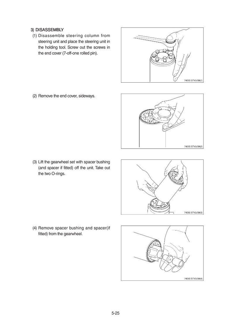 May include: Technical diagram illustrating the disassembly of a steering column. The image shows step-by-step instructions with accompanying illustrations, including removing screws, end covers, and O-rings. The text reads "DISASSEMBLY".