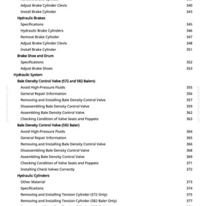 Op de afbeelding: Een pagina uit een handleiding met een inhoudsopgave voor hydraulische systemen en remcomponenten. De tekst bevat termen als "Bale Density Control Valve" en "Hydraulic Cylinders".