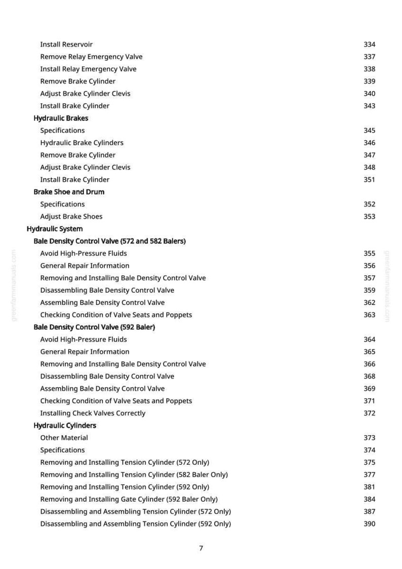 Op de afbeelding: Een pagina uit een handleiding met een inhoudsopgave voor hydraulische systemen en remcomponenten. De tekst bevat termen als "Bale Density Control Valve" en "Hydraulic Cylinders".