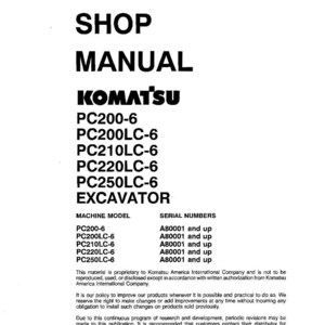 May include: A white shop manual titled "SHOP MANUAL" with the Komatsu logo. The manual lists excavator models PC200-6, PC200LC-6, PC210LC-6, PC220LC-6, and PC250LC-6. The serial numbers are also listed. The document is dated March 1996.