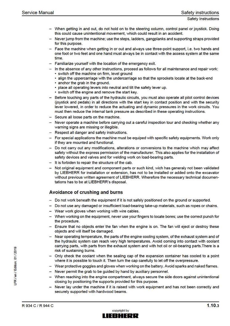 May include: A service manual page with safety instructions. Text includes warnings about machine operation, including avoiding crushing and burns. The manual is from LIEBHERR, with a version number.
