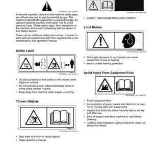 Pu&ograve; includere: Una pagina del manuale dell'operatore con etichette e avvertenze di sicurezza. Le etichette utilizzano pittogrammi all'interno di triangoli per indicare i pericoli, come rumori forti, oggetti lanciati e rischi di incendio. Il manuale fornisce istruzioni e precauzioni.