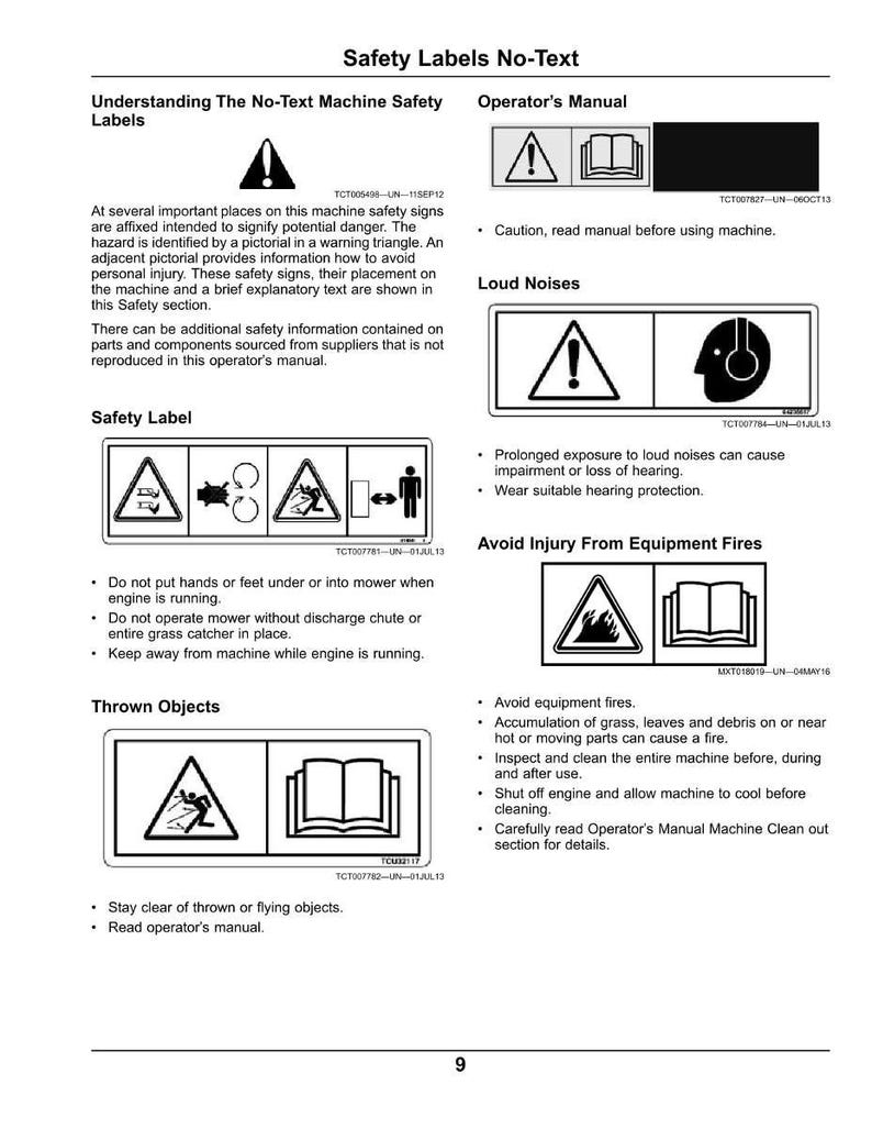 Pu&ograve; includere: Una pagina del manuale dell'operatore con etichette e avvertenze di sicurezza. Le etichette utilizzano pittogrammi all'interno di triangoli per indicare i pericoli, come rumori forti, oggetti lanciati e rischi di incendio. Il manuale fornisce istruzioni e precauzioni.