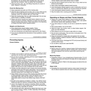 K&ouml;nnte beinhalten: Eine Seite aus einem Sicherheitshandbuch mit Text und Illustrationen. Es behandelt den Umgang mit Kraftstoff, die Sicherheit beim M&auml;hen und die Verletzungspr&auml;vention, einschlie&szlig;lich Warnungen vor Kindern und herumfliegenden Gegenst&auml;nden. Anweisungen zum Arbeiten an H&auml;ngen und deren Messung.