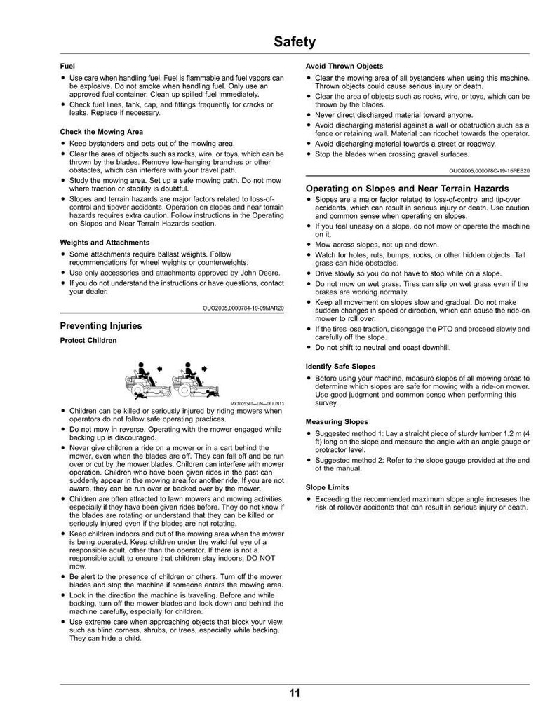K&ouml;nnte beinhalten: Eine Seite aus einem Sicherheitshandbuch mit Text und Illustrationen. Es behandelt den Umgang mit Kraftstoff, die Sicherheit beim M&auml;hen und die Verletzungspr&auml;vention, einschlie&szlig;lich Warnungen vor Kindern und herumfliegenden Gegenst&auml;nden. Anweisungen zum Arbeiten an H&auml;ngen und deren Messung.