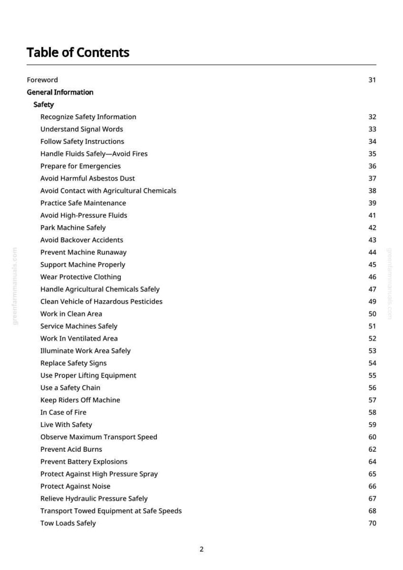 May include: A page from a manual titled "Table of Contents" with a list of safety topics. The topics include recognizing safety information, avoiding hazards, and safe machine operation. The page has a white background with black text.
