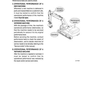 May include: A page from a maintenance manual with the title "SECTION 7 MAINTENANCE STANDARD". The page includes text about operational performance tests for new, working, and repaired machines, along with a diagram of an excavator.