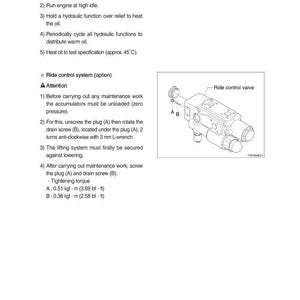May include: Diagram of a ride control valve with labels A and B, and a detailed hydraulic oil warm-up procedure. The text includes instructions for engine operation, oil heating, and maintenance steps, along with tightening torque specifications.