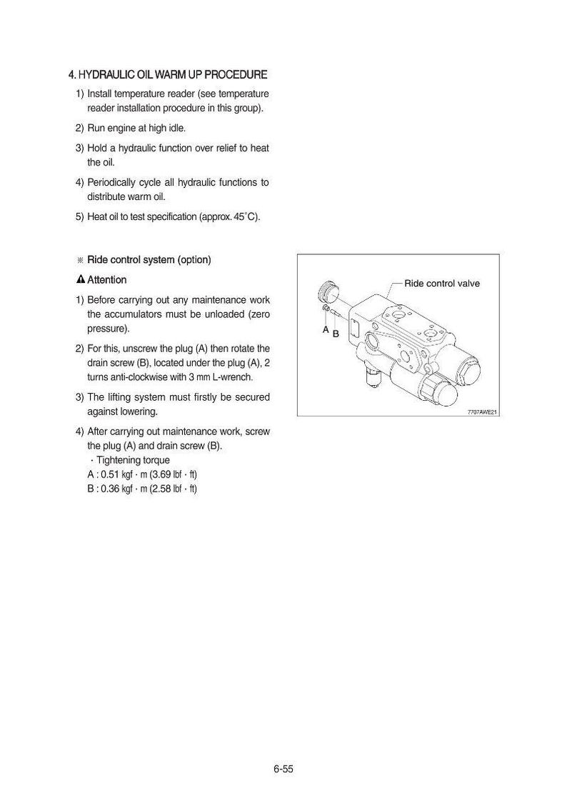 May include: Diagram of a ride control valve with labels A and B, and a detailed hydraulic oil warm-up procedure. The text includes instructions for engine operation, oil heating, and maintenance steps, along with tightening torque specifications.