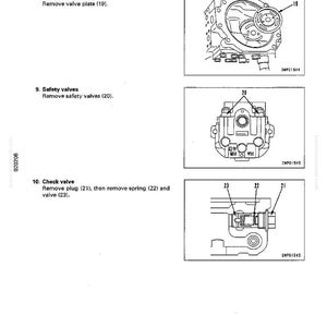 Op de afbeelding: Diagram van demontage en montage van een zwenkmotor. De afbeelding bevat gedetailleerde illustraties van klepplaten, veiligheidskleppen en terugslagkleppen, met genummerde componenten ter referentie. Tekstlabels identificeren elk onderdeel.