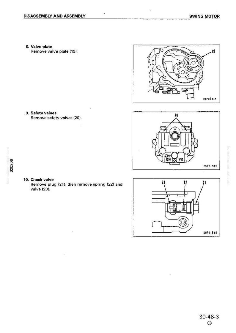 Op de afbeelding: Diagram van demontage en montage van een zwenkmotor. De afbeelding bevat gedetailleerde illustraties van klepplaten, veiligheidskleppen en terugslagkleppen, met genummerde componenten ter referentie. Tekstlabels identificeren elk onderdeel.