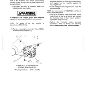 May include: Diagram from a manual detailing the disassembly and assembly of a flow amplifier. The diagram includes labels for mounting hardware and the flow amplifier, along with instructions and warnings. The flow amplifier weighs approximately 29 kg.