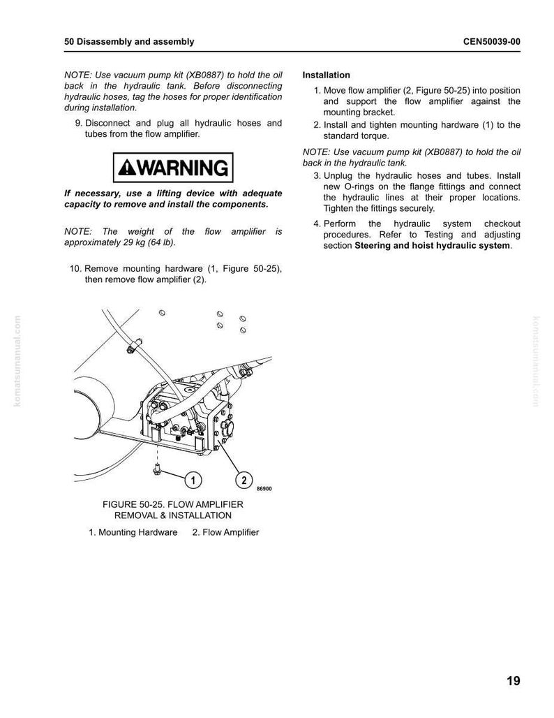 May include: Diagram from a manual detailing the disassembly and assembly of a flow amplifier. The diagram includes labels for mounting hardware and the flow amplifier, along with instructions and warnings. The flow amplifier weighs approximately 29 kg.