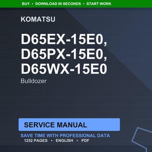 May include: A digital service manual for Komatsu bulldozers, including models D65EX-15E0, D65PX-15E0, and D65WX-15E0. The manual is in English and contains 1252 pages of professional data. The image has a dark blue background with white text.