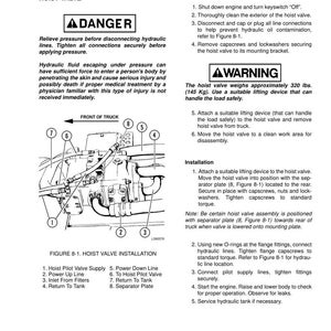 May include: Diagram of a hoist valve installation with labels and instructions for removal and installation. Includes warnings about hydraulic pressure and the weight of the valve, approximately 320 lbs.