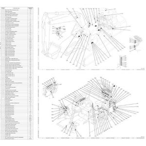 May include: Technical diagrams of machinery components, including exploded views and part lists. The image features multiple diagrams with labels and lines, providing a comprehensive view of the machinery's internal structure.