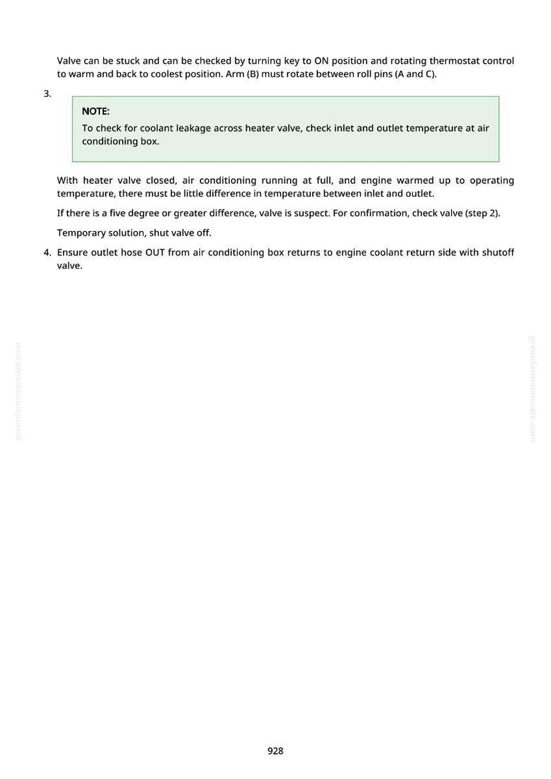 May include: A page of text with instructions for checking a car's heater valve. The text includes steps for checking coolant leakage, temperature differences, and ensuring proper hose connections. The word "NOTE" is highlighted in a green box.