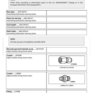 May include: A page from a manual titled "Special or Essential Tools" with a list of tools and their part numbers. Includes images of couplers and fittings. Text includes "Adjust double-acting shock valves."