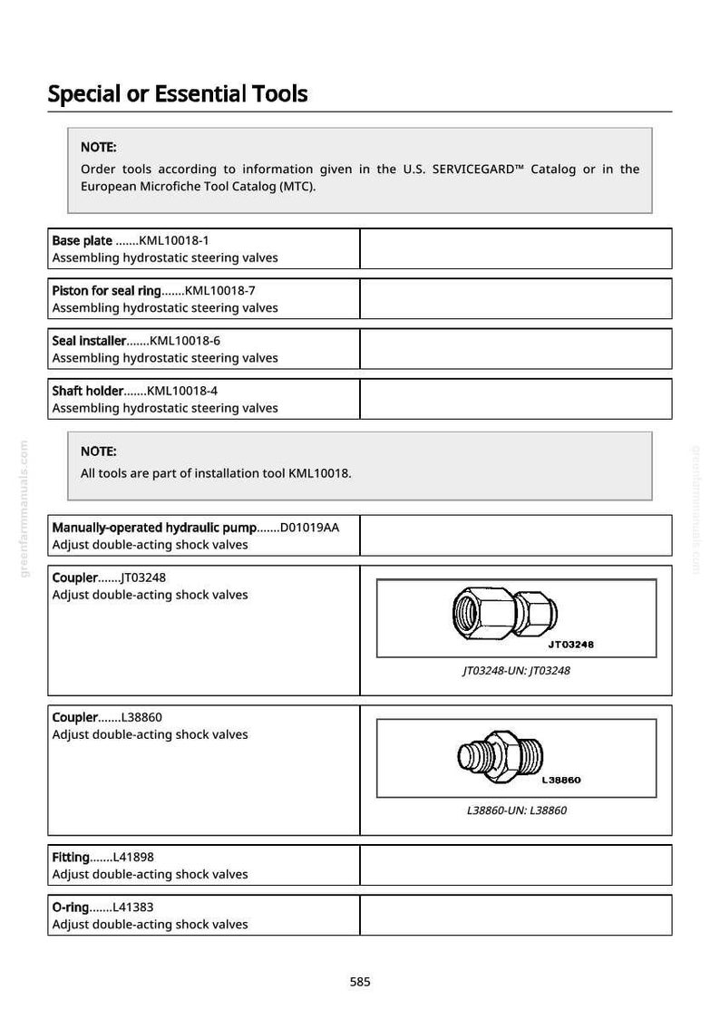 May include: A page from a manual titled "Special or Essential Tools" with a list of tools and their part numbers. Includes images of couplers and fittings. Text includes "Adjust double-acting shock valves."