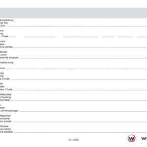 May include: A manual page titled "Inhaltsverzeichnis Contents Table des mati&egrave;res", listing engine components. The page includes terms like "Oil sump", "Valve cover", and "Oil pump", alongside page numbers, in a clear, organised layout.