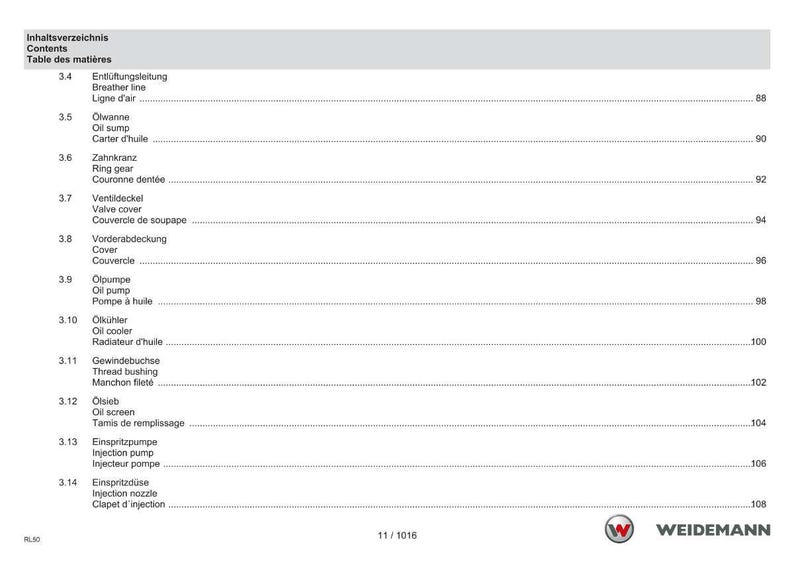 May include: A manual page titled "Inhaltsverzeichnis Contents Table des mati&egrave;res", listing engine components. The page includes terms like "Oil sump", "Valve cover", and "Oil pump", alongside page numbers, in a clear, organised layout.