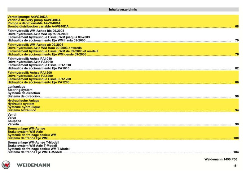 May include: A page from a manual with the title "Inhaltsverzeichnis" at the top. The page contains a list of technical terms in German, English, French, and Spanish, with yellow highlighted sections and page numbers.