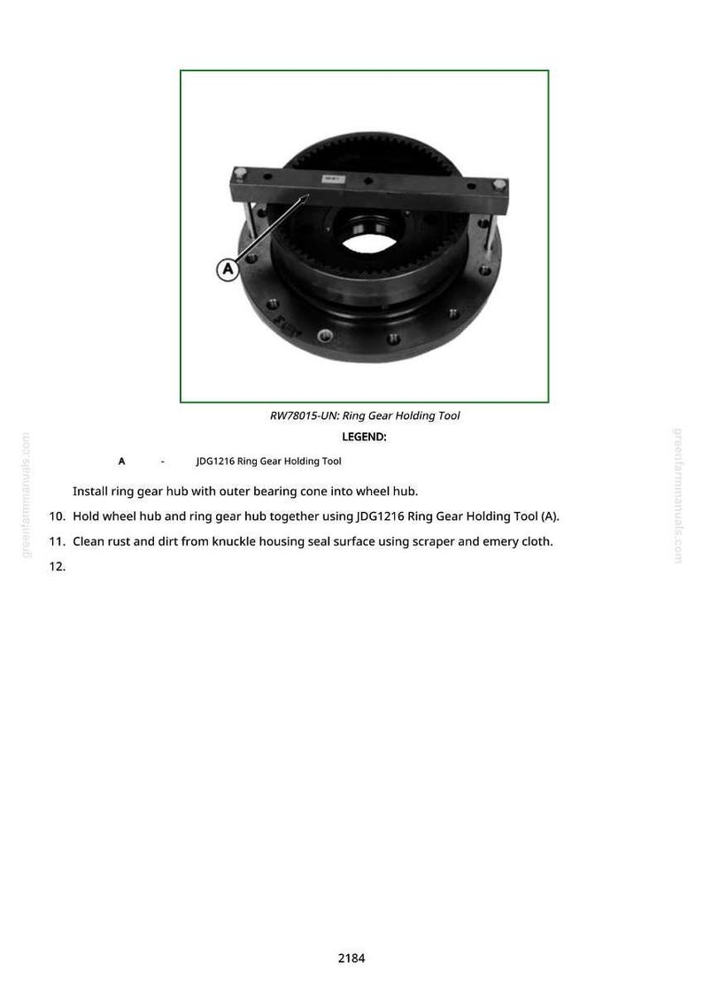 May include: A black ring gear hub with a holding tool. The tool is labelled RW78015-UN and JDG1216. The image is a diagram for installing the ring gear hub with the outer bearing cone into the wheel hub.
