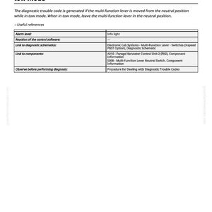 K&ouml;nnte beinhalten: Technisches Dokument mit dem Titel "FH2 522467.14 - 3-Gang-Drucktasten-Schaltgetriebe, Fehler - Multifunktionshebel nicht in Neutralstellung im Abschleppmodus". Es enth&auml;lt eine Tabelle mit Informationen zu Alarmstufen und Schaltpl&auml;nen.