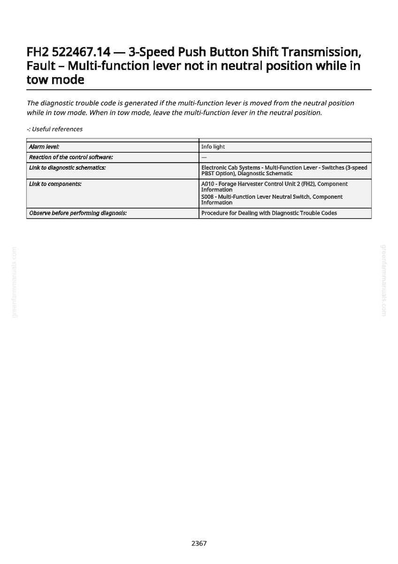 K&ouml;nnte beinhalten: Technisches Dokument mit dem Titel "FH2 522467.14 - 3-Gang-Drucktasten-Schaltgetriebe, Fehler - Multifunktionshebel nicht in Neutralstellung im Abschleppmodus". Es enth&auml;lt eine Tabelle mit Informationen zu Alarmstufen und Schaltpl&auml;nen.