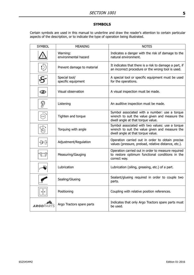 Op de afbeelding: Een pagina uit een handleiding met de titel "SYMBOLEN" met een tabel met symbolen en hun betekenissen. Symbolen zijn onder meer waarschuwingen, speciale gereedschappen, visuele observatie en afstelling/regulatie. Het Argo Parts-logo staat onderaan.